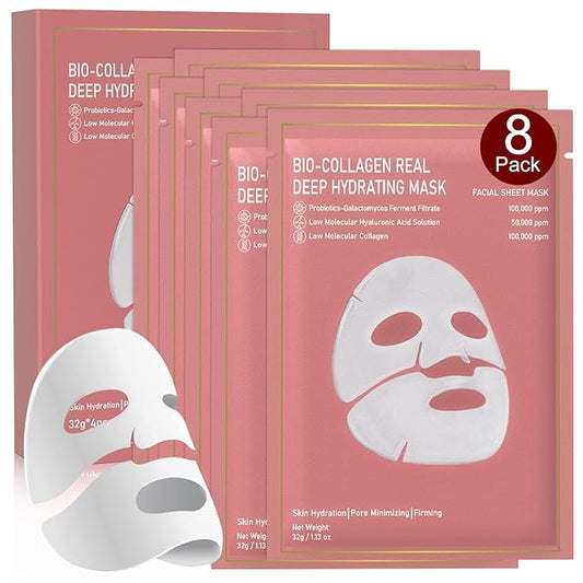 Bio-Collagen Real Deep Mask, 8 Pack Overnight Hydrating Face Mask for All Skin Types,Original Hydrating Collagen Face Mask