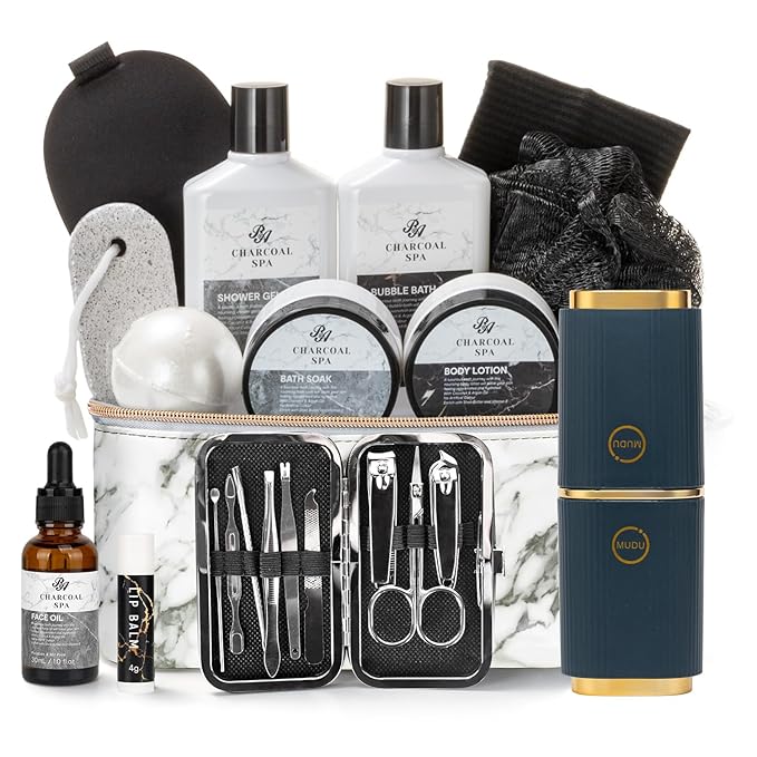 Valentines Day Gifts for Men & Women, 23pcs Bath and Body Gift Basket, Charcoal Luxury Home Spa Kit, Leather Bag, Face Oil, Birthday, Self Care Kit, Christmas, Holiday, Father's Day, Mother Day