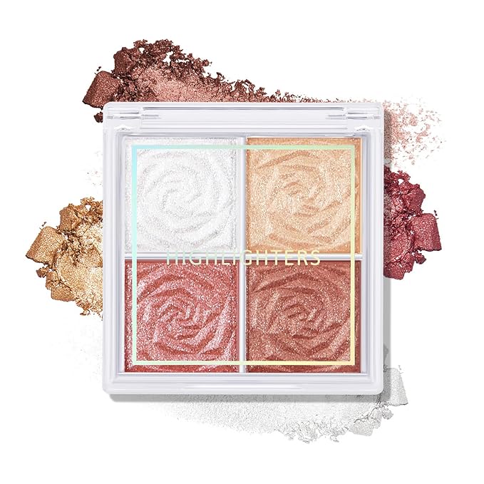Boobeen Blush and Highlighter Palette- 4-color Metallic Shimmer Shadow Powder, Illuminator Makeup Set for Shading, Highlighting & Defining the Face