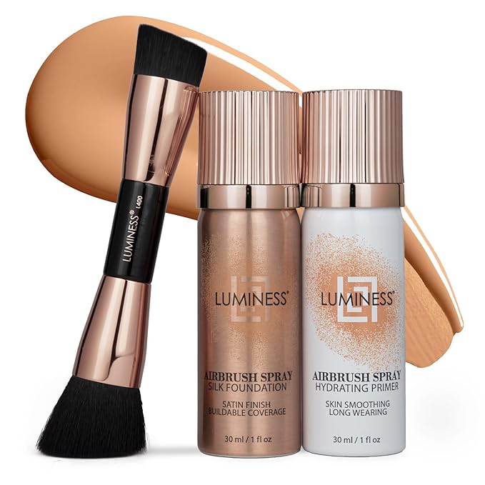 LUMINESS Silk Airbrush Spray Foundation 3-PC Kit - Foundation, Primer & Dual-Sided Angled Makeup Brush - Buildable Coverage, Anti-Aging Formula, Humidity Resistant, Hydrates & Moisturizes, Light Warm