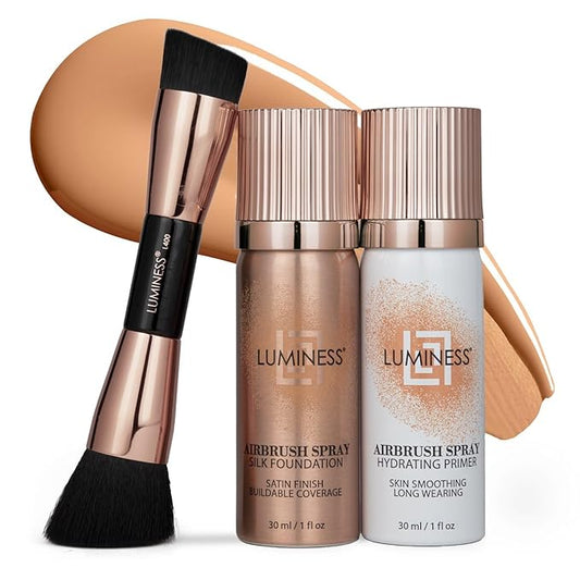 LUMINESS Silk Airbrush Spray Foundation 3-PC Kit - Foundation, Primer & Dual-Sided Angled Makeup Brush - Buildable Coverage, Anti-Aging Formula, Humidity Resistant, Hydrates & Moisturizes, Light Warm