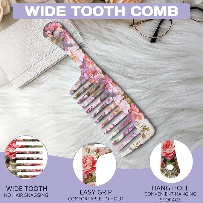 2PCS Wide Tooth Comb,Effortless Tangle Removal for Long Hair Styling Comb for Curly,Wet,Cute Aesthetic Design for Women Men and Girls(Purple-Flower-09)
