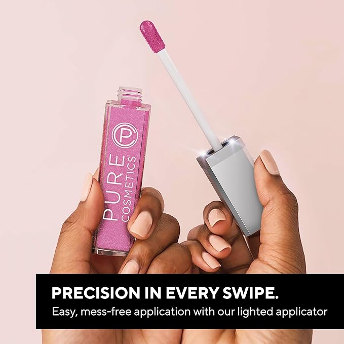 Pure Illumination Light-Up Lip Gloss with LED-Lit Applicator Brush + Side Mirror, Non-Sticky, Moisturizing Hydrating Lip Glosses with Lanolin, Jojoba Oil, & Vitamin E, Charmed