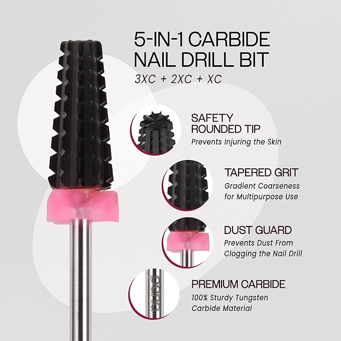 PANA 3/32" Shank 5-in-1 Nail Carbide Bit - (Triple Coarse - 3X Coarse Grit, DLC Black) - Two Way Rotate use for Both Left and Right Handed Fast remove Acrylic or Hard Gel Machine