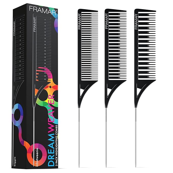 FRAMAR Dreamweaver Highlight Comb Set - Professional Highlighting Comb With Parting Tip, Foiling Combs For Highlighting, Highlight Combs For Highlighting – 3 Pack Black