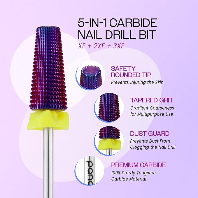 PANA 3/32" Shank 5-in-1 Nail Carbide Bit - (Triple Coarse - Extra Fine Grit, Purple) - Two Way Rotate use for Both Left and Right Handed Fast Remove Acrylic or Hard Gel Machine