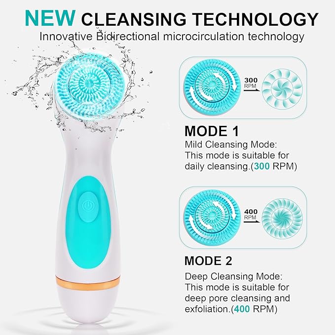 Facial Cleansing Brush, Waterproof Dual-Rotation Face Scrubber Exfoliator with 3 Brush Heads and 2 Adjustable Speeds, Rechargeable Exfoliating Face Brushes for Cleansing and Skin Care (Blue)