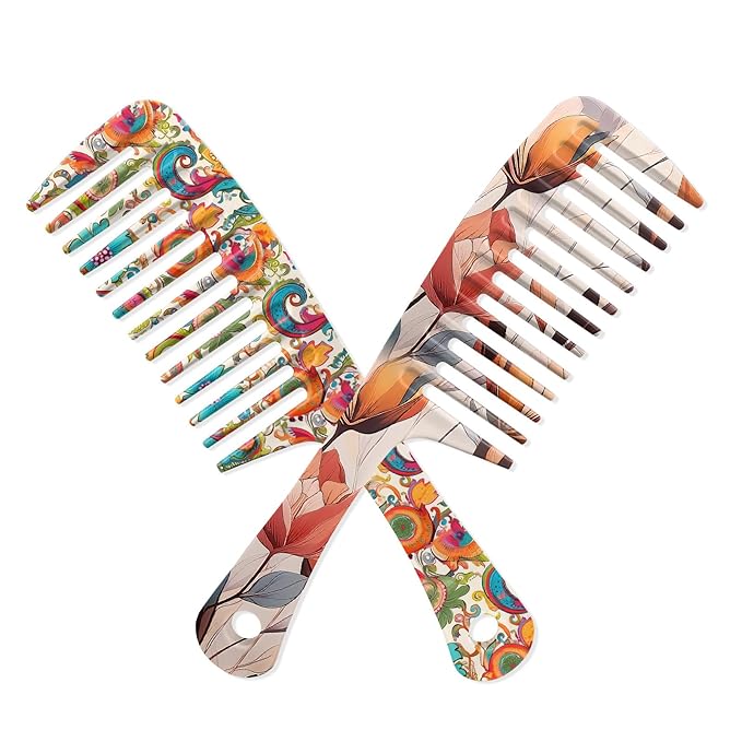 2PCS Wide Tooth Comb,Effortless Tangle Removal for Long Hair Styling Comb for Curly,Wet,Cute Aesthetic Design for Women Men and Girls(Orange-Flower-11)