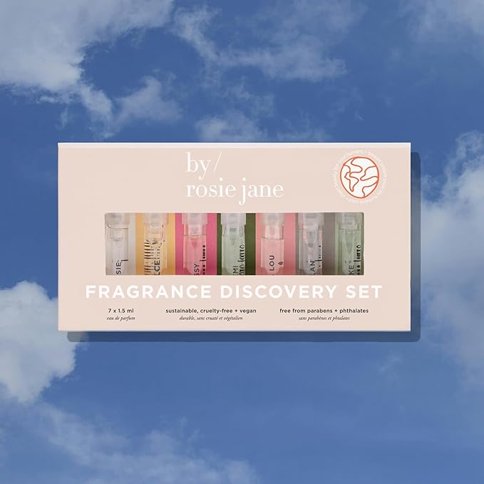 By Rosie Jane Discovery Perfume Set - 7 Piece Travel Size Perfume Set - Gift Set Includes Scents Rosie, Dulce, Missy, Remi, Leila Lou, Dylan & Lake - Clean Perfume for Women (7 Count)