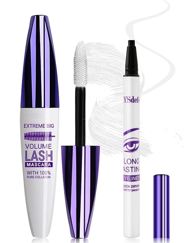 White Mascara Liquid Eyeliner Set, Update Longlasting Waterproof Color Eye Liner Pen, 5D Silk Fiber Colored Mascara Volume and Length, Christmas Party Stage Use Eye Makeup Gift Kit for Women Girl-03