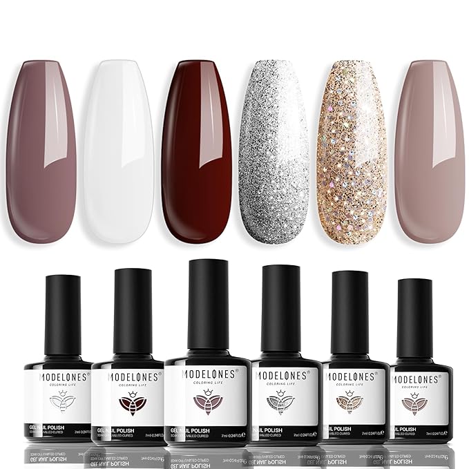 modelones Gel Nail Polish Set 6 Colors Fall Winter White Nude Brown Gel Polish Maroon Burgundy Red Champagne Gold Silver Tan Nail Art Design Kit Basic Soak Off Manicure Salon DIY Gift for Women Girls
