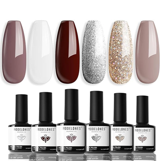 modelones Gel Nail Polish Set 6 Colors Fall Winter White Nude Brown Gel Polish Maroon Burgundy Red Champagne Gold Silver Tan Nail Art Design Kit Basic Soak Off Manicure Salon DIY Gift for Women Girls