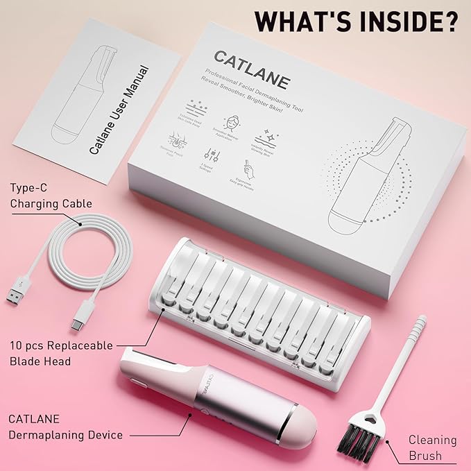 Dermaplane Razor for Women Face, Dermaplaning Tool for Face, Sonic Smooth Exfoliation & Peach Fuzz-Hair Removal System with 10 Dermaplaning Blades, Charm Pink