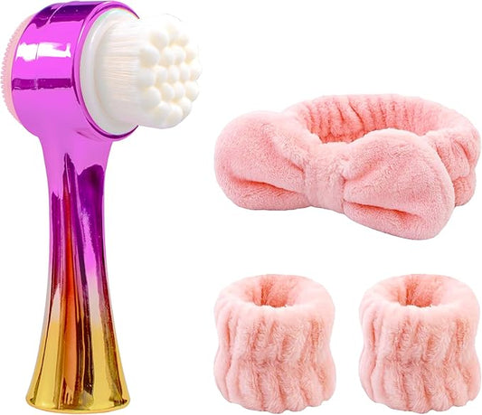 Facial Cleansing Brush 2 in 1Double-Sided Facial Cleaning Brush with Soft Bristles for Deep Pore Exfoliation, Wash Makeup, Massaging (Gold&Pink 4PCS)