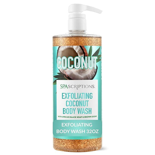 SpaScriptions Exfoliating Coconut Body Wash - 32 oz Scented Moisturizing Body Wash Scrub with African Black Soap for Smooth Glowing Skin and Brown Sugar for Gentle Hydrating Exfoliation, Paraben Free