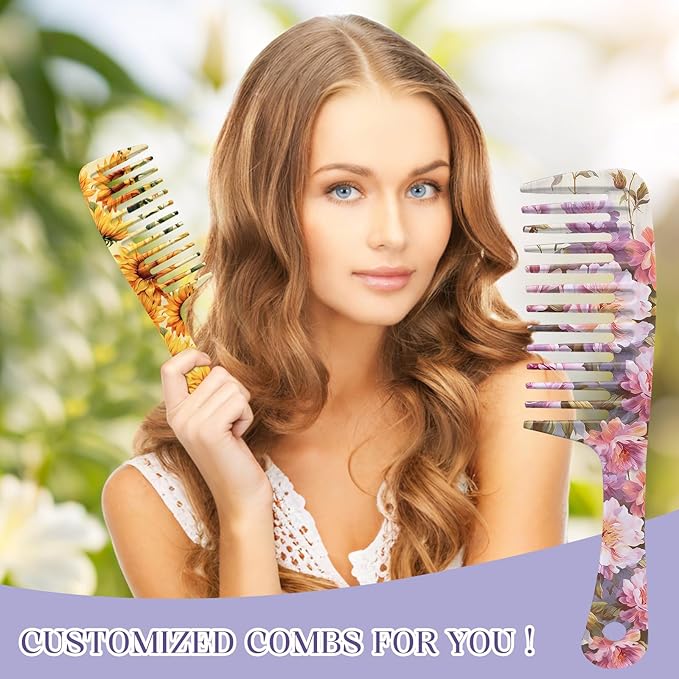 2PCS Wide Tooth Comb,Effortless Tangle Removal for Long Hair Styling Comb for Curly,Wet,Cute Aesthetic Design for Women Men and Girls(Yellow-Flower-10)