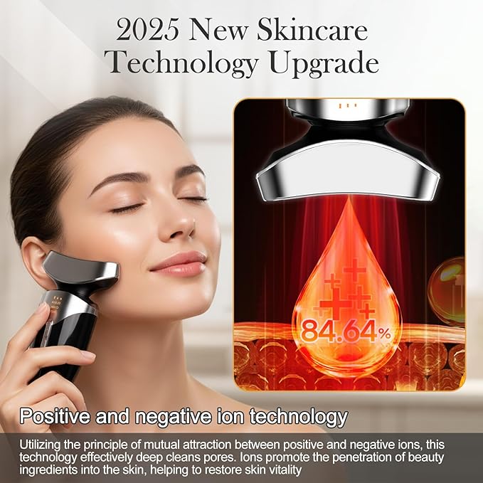 Red Light Beauty Device for Face and Neck, Based on High-end Red and Blue LED Light, Facial Cold and Hot, Vibration Technology, 3 Color Led Face and Neck Beauty Device for Home Use, Jet-Black