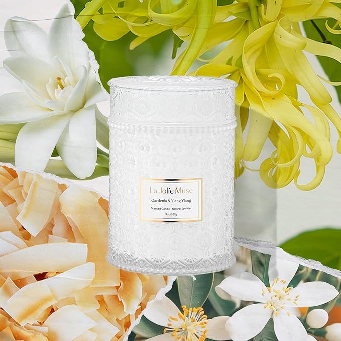 LA JOLIE MUSE Gardenia & Ylang Ylang Scented Candle – Ylang, Tuberose, Orange Blossom |19 oz Large Wooden Wick Candle | Natural Soy Wax | 90 Hours Clean Burn | Gift-Ready for Hosts