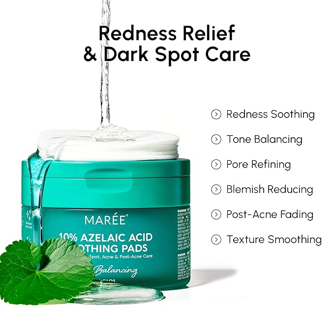 MAREE Azelaic Acid Acne Clearing Pads – Exfoliating Pads with Glycolic & Hyaluronic Acid for Face – 10% Azalecic Acid & Centella Redness Soothing Pad – Zero Pore Facial Toner Pad – Acido Azelaico