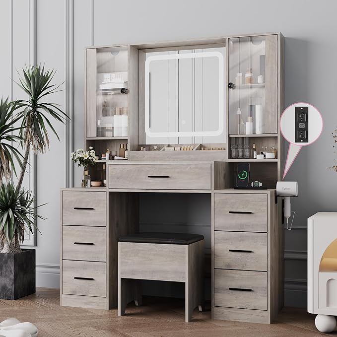 Makeup Vanity with LED Light Strip Mirror and Chair, 7 Drawers & 2 RGB Cabinets Black Vanity Makeup Desk with Power Strip, Adjustable LED Lighting, and Cushioned Stool for Women, Girls, Teens