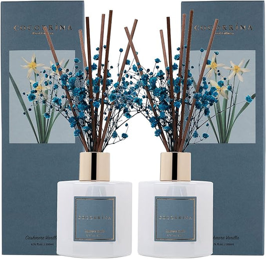 Cocorrína Premium Reed Diffuser Set with Preserved Baby's Breath & Cotton Stick Cashmere Vanilla 2 Packs, 6.7oz Scent Fragrance Oil Diffuser for Bedroom Bathroom Home Décor
