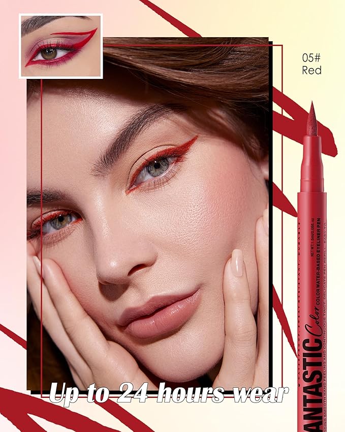 Red Matte Liquid Eyeliner Pencil, Colorful High Pigmented Waterline Eye liner Waterproof Pen, Bright Colored Smudgeproof Long Lasting Eyeliner Pen Christmas Party Festival Makeup Gift for Women-05