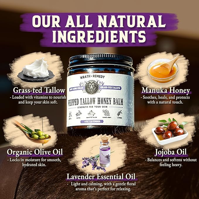 Organic Beef Tallow for Skin - 2OZ (Lavender, Concentrated) — Grass Fed Beef Tallow for face + Body — US-Made Tallow and Honey Balm Moisturizer for Dry & Sensitive Skin, Eczema, Rosacea(No Additives)