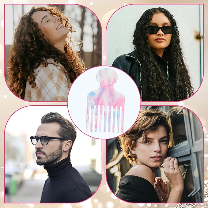 Wide Tooth Hair Pick Comb for Curls, 12cm/4.72in Detangling Lifting Comb Long Tooth Afro Pick Hair Styling Tool for Women Men Barber Supplies (Pink Blue)