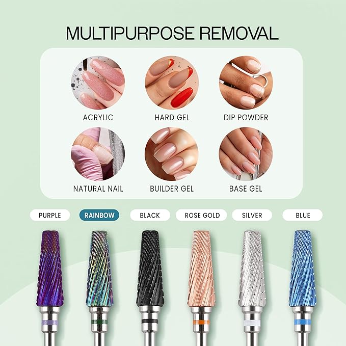 PANA 5-in-1 Pro Upgraded Multi-Function Drill Bit 3/32" Shank Size - (Rainbow, 2X Coarse to 2X Fine) - Mix Size Tungsten Drill Bit Fast Remove Acrylic Hard Gel Nail for Manicure Pedicure