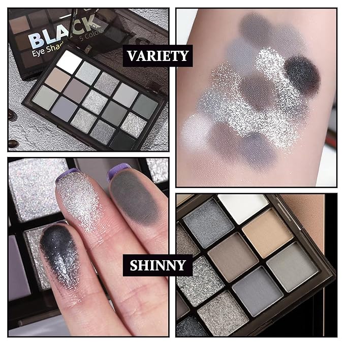 Black Smoky Eyeshadow Palette,Matte & Glitter Eye Shadow Palette for Smoky Goth Eye Makeup,Black White Gray Eyeshadow Makeup Palette,Longlasting Waterproofing Smoky Eyeshadow Palette with 3PCS Brushes