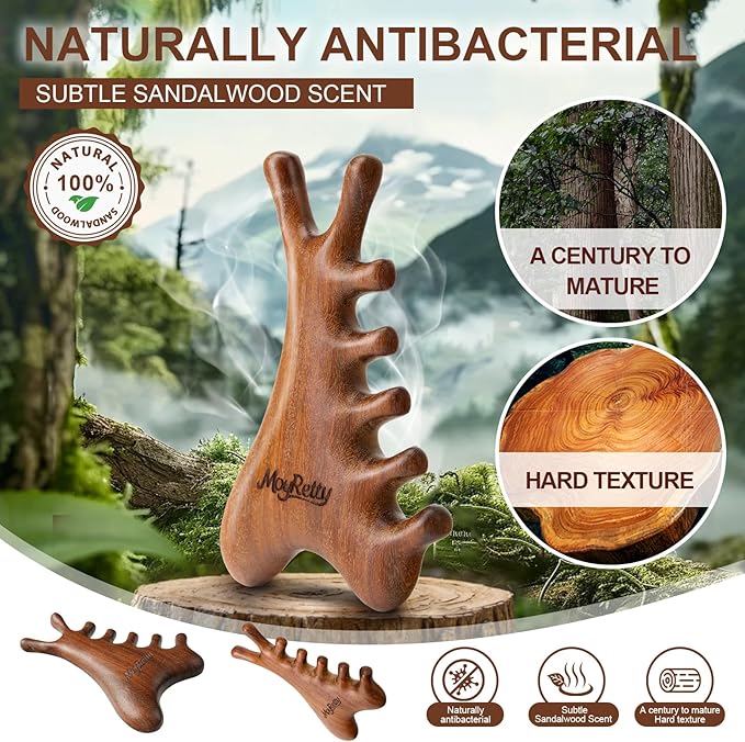 MoyRetty 4-in-1 Gua Sha Tool, Sandalwood Face & Body Massager, Lymphatic Drainage Massage Comb with Storage Pouch (Golden Sandalwood)