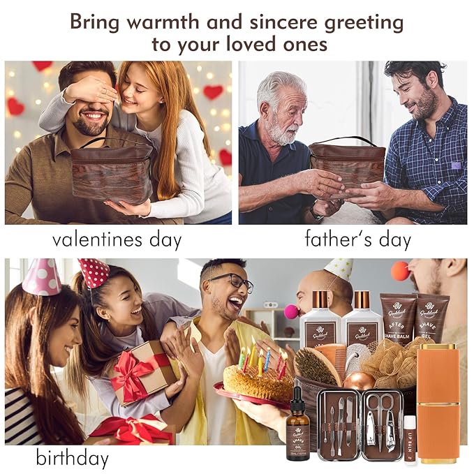Valentines Day Gifts for Men, 21 Pcs Sandalwood Bath & Body Care Kit, Beard Gift Set for Men, Shave Beard Kit, Leather Bag, Home Spa Kit, Relaxing Men's Gift Basket, Birthday, Father's Day Gift