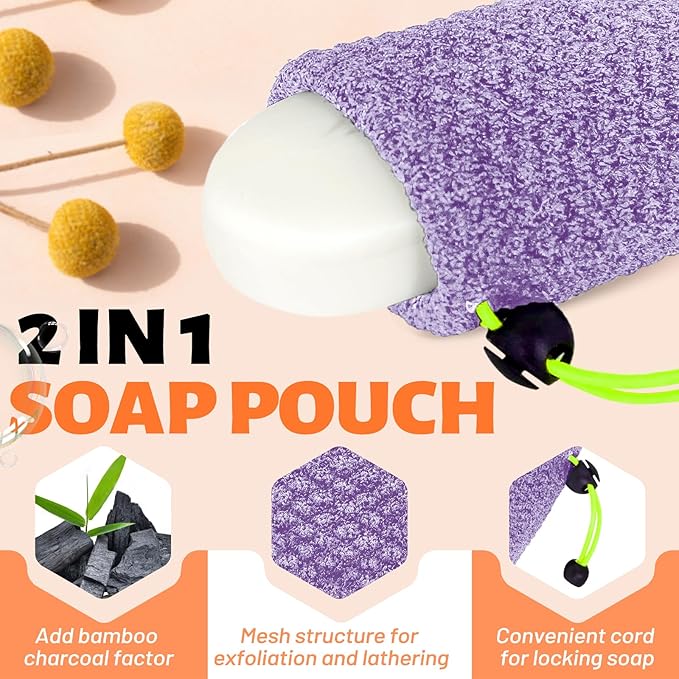 MIG4U Exfoliating Soap Bag for Shower 2 Pieces - Bar Soap Saver Pouch, Bamboo Body Scrubber Exfoliator Pocket in Travel Bathing, Purple
