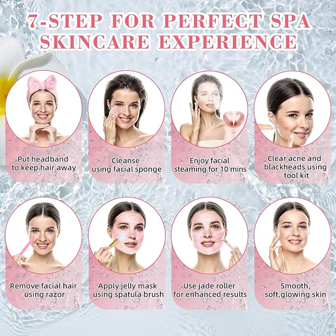 Facial Steamer Spa Kit, 12 Skin Care Tools & 5 Jelly Mask Powder, Nano Ionic Steamer for Facial Deep Cleaning Unclog Pores Sinuses, Warm Mist Humidifier for Home SPA, Self Care Gifts for Women