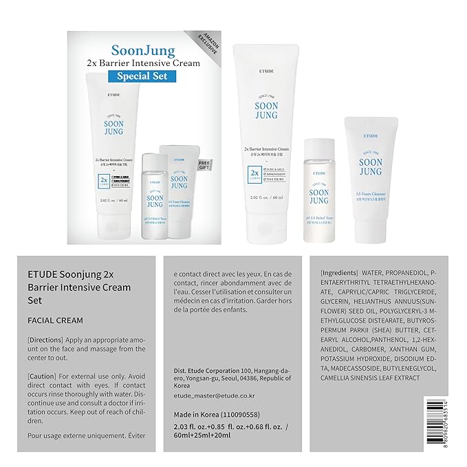ETUDE SoonJung 2x Intensive Cream Best Trio Set for Barrier Repair | 2x Barrier Cream 2.02 Fl Oz + pH 5.5 Relief Toner 0.85 Fl Oz + Foam Cleanser 0.68 Fl Oz, Korean Skin Care