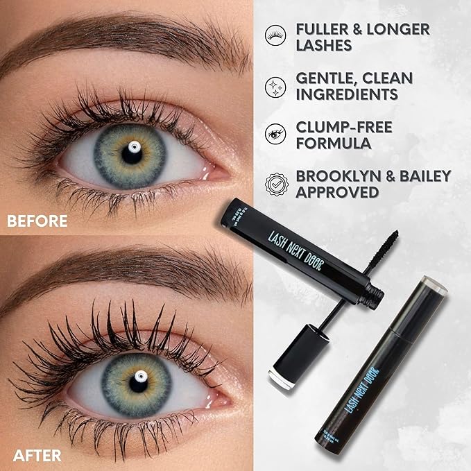 Lash Next Door Water Resistant Mascara Black Volume and Length - No Clump Volumizing Mascara for Thickening and Lengthening - Smudge Proof Lashes by Brooklyn and Bailey (1 Pack)