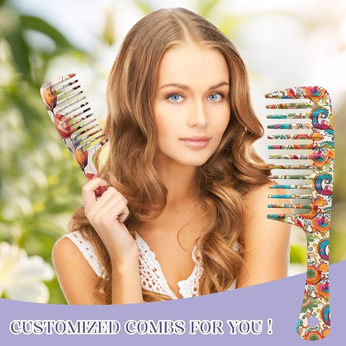 2PCS Wide Tooth Comb,Effortless Tangle Removal for Long Hair Styling Comb for Curly,Wet,Cute Aesthetic Design for Women Men and Girls(Orange-Flower-11)