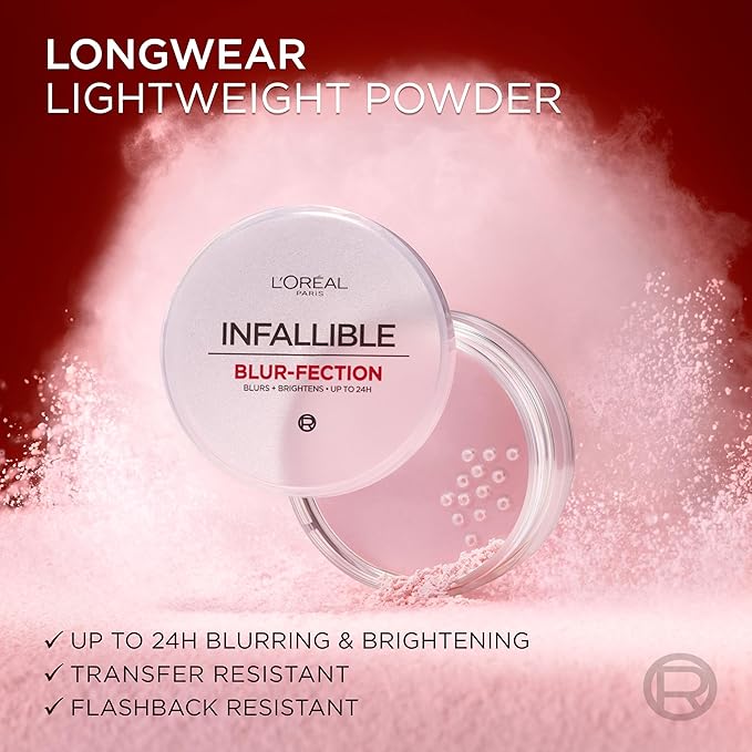 L'Oreal Paris Infallible Blur-fection Longwear Loose Setting Powder, Blurring Face Powder With Up to 24HRs of Wear, Brightening Light Pink, 1 Kit