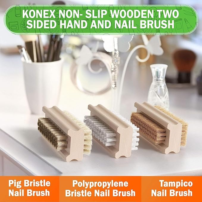 Konex Non-Slip Wooden Two-sided Hand and Nail Brush - Stiff Bristle Fingernail Brushes for Cleaning Under Nails - Heavy Duty Fingernail Brush for Manicure and Automotive Use - 2 Pack