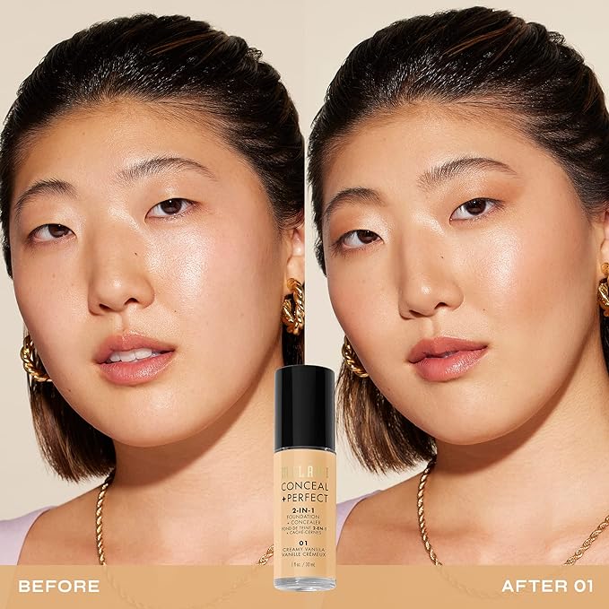 Milani Conceal + Perfect 2-in-1 Foundation + Concealer for a Flawless Complexion, Under Eye Corrector, Cover Redness and Imperfections, Waterproof and Sweatproof - Creamy Vanilla