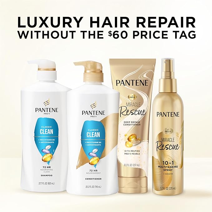 Pantene Shampoo, Classic Clean - Pro-V Nutrients for Dry, Color-Treated Hair, Healthy Looking Hair Every Wash, Antioxidant-Rich, 27.7 Oz Each, 2-Pack + Miracle Rescue Shot (0.5 Oz)