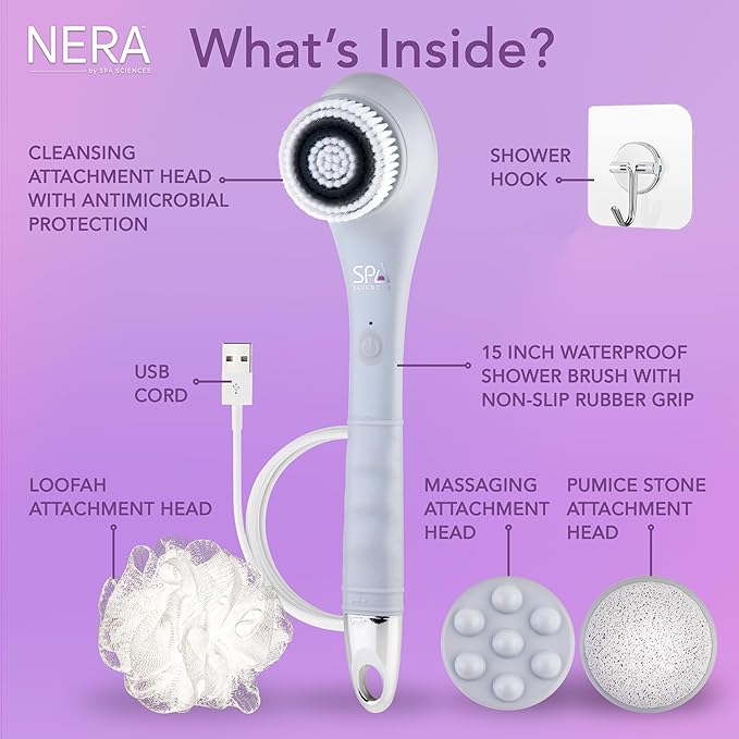 Spa Sciences - NERA - 4-in-1 Shower/Bath Body Brush for Exfoliation, Deep Cleansing, Foot Care, Lotion Infuser, and Massage
