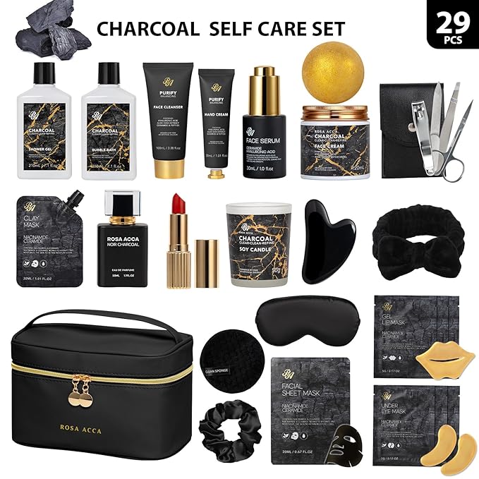 25 Pcs Bath & Body Gift Set for Women, Charcoal Skin Care Kit, Spa Gift Basket, Self Care, Cosmetic Bag, Serum, Necklace, Perfume, Eye Mask, Present, Christmas, Valentine's, Birthday, Mother's Day