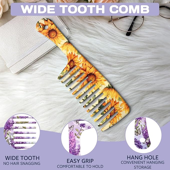 2PCS Wide Tooth Comb,Effortless Tangle Removal for Long Hair Styling Comb for Curly,Wet,Cute Aesthetic Design for Women Men and Girls(Yellow-Flower-12)