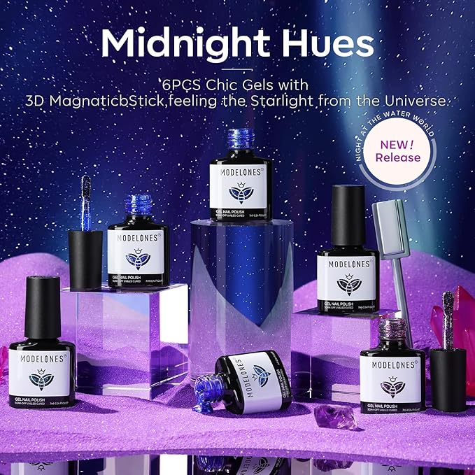 modelones Cat Eye Gel Nail Polish 6 Colors Fall Winter Black Blue Purple Glitter Gel Nail Polish Dark Blue Chameleon Sparkle Shimmer Polish with Magnet Soak Off Led Nail Art DIY Salon Gifts For Women