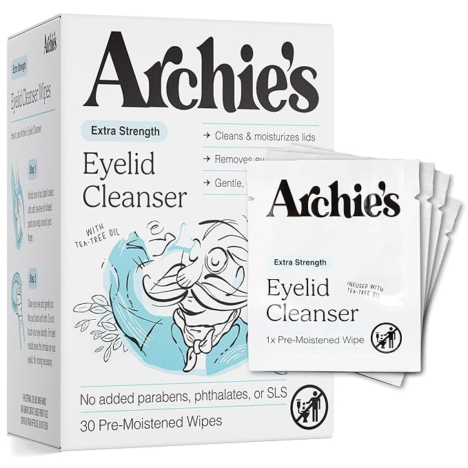 Archie's Remedies Eyelid Wipes and Lid Scrub - 30 Pre-Moistened Wipes - Australian Tea Tree Oil, Paraben-Free, SLS-Free, Phthalate-Free, Ideal for Sensitive Skin and Daily Eye Care