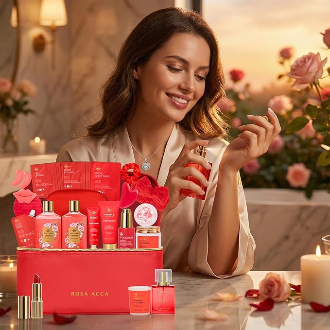 25 Pcs Valentines Day Gifts for Women, Red Rose Bath & Body Gift Set, Hydrating Skin Care Set, Luxury Self Care Gifts, Cosmetic Bag, Face Serum, Necklace, Christmas, Birthday, Mothers Day