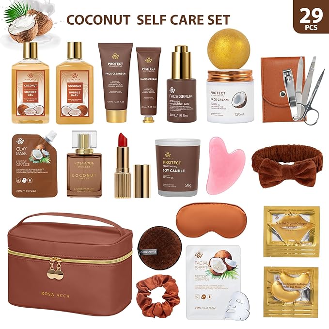 25 Pcs Valentines Day Gifts for Women, Bath & Body Gift Set, Skin Care Kit, Coconut Vanilla Spa Gift Basket, Self Care Set, Cosmetic Bag, Christmas, Birthday, Mother, Anniversary