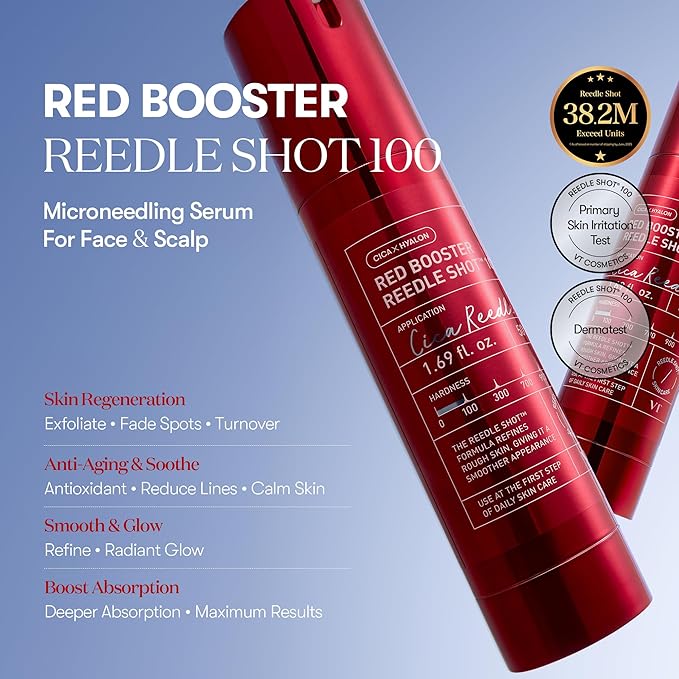 VT COSMETICS Red Booster Reedle Shot 100 Serum with Dragon’s Blood Extract & Exosome Microneedling Formula, Korean Skincare, 1.69 fl oz(50ml)