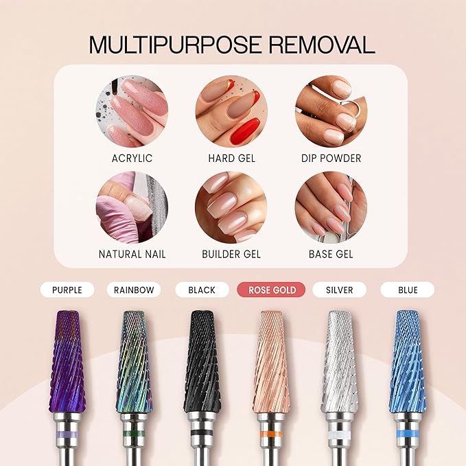 PANA 5-in-1 Pro Upgraded Multi-Function Drill Bit 3/32" Shank Size - (Rose Gold, 2X Coarse to 2X Fine) - Mix Size Tungsten Drill Bit Fast Remove Acrylic Hard Gel Nail for Manicure Pedicure